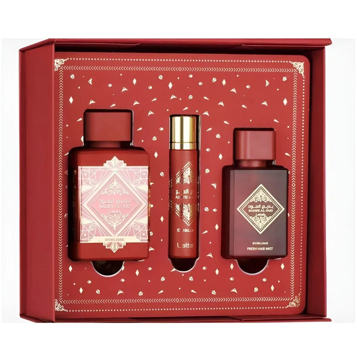 Lattafa Bade’e Al Oud Sublime Unisex Gift Set – Eau de Parfum 100 ml, Travel Spray 12 ml, and Hair Mist 50 ml